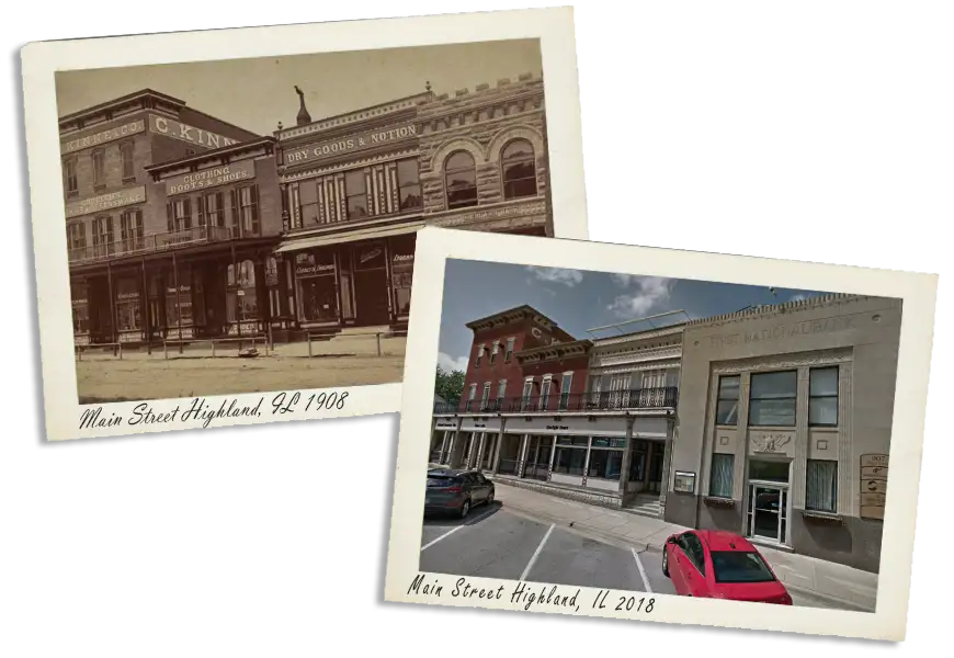 1908 and 2018 photographs of main street in highland illinois